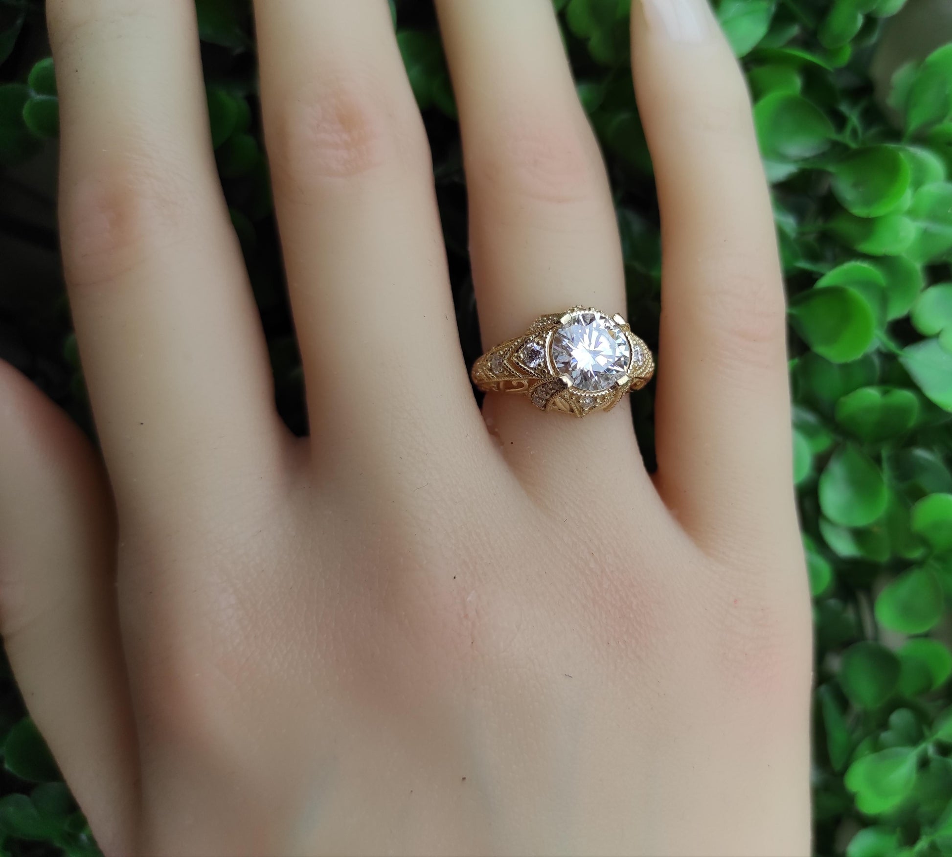 Vintage 1.5 ct Round Moissanite Engagement 14k Gold Ring