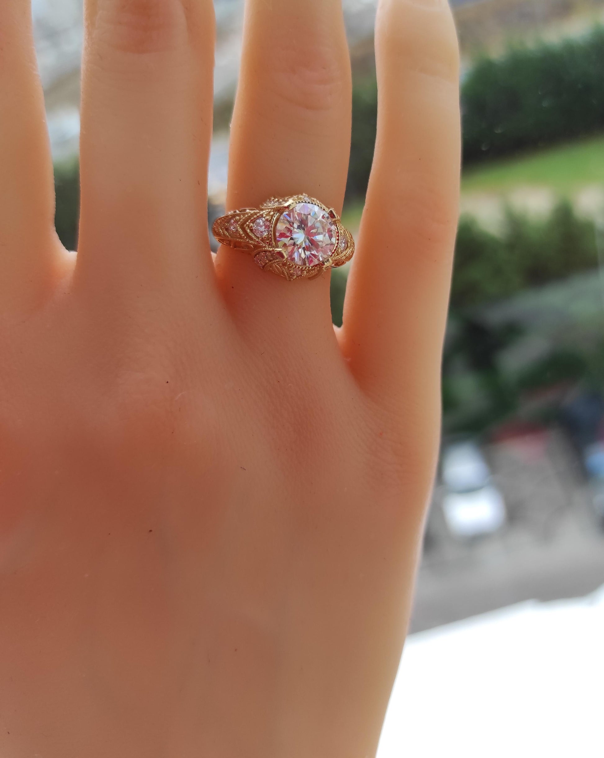 Vintage 1.5 ct Round Moissanite Engagement 14k Gold Ring