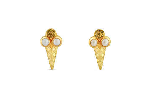 Ice cream Cone  earrings studs with peridots and pearls in 14k gold
