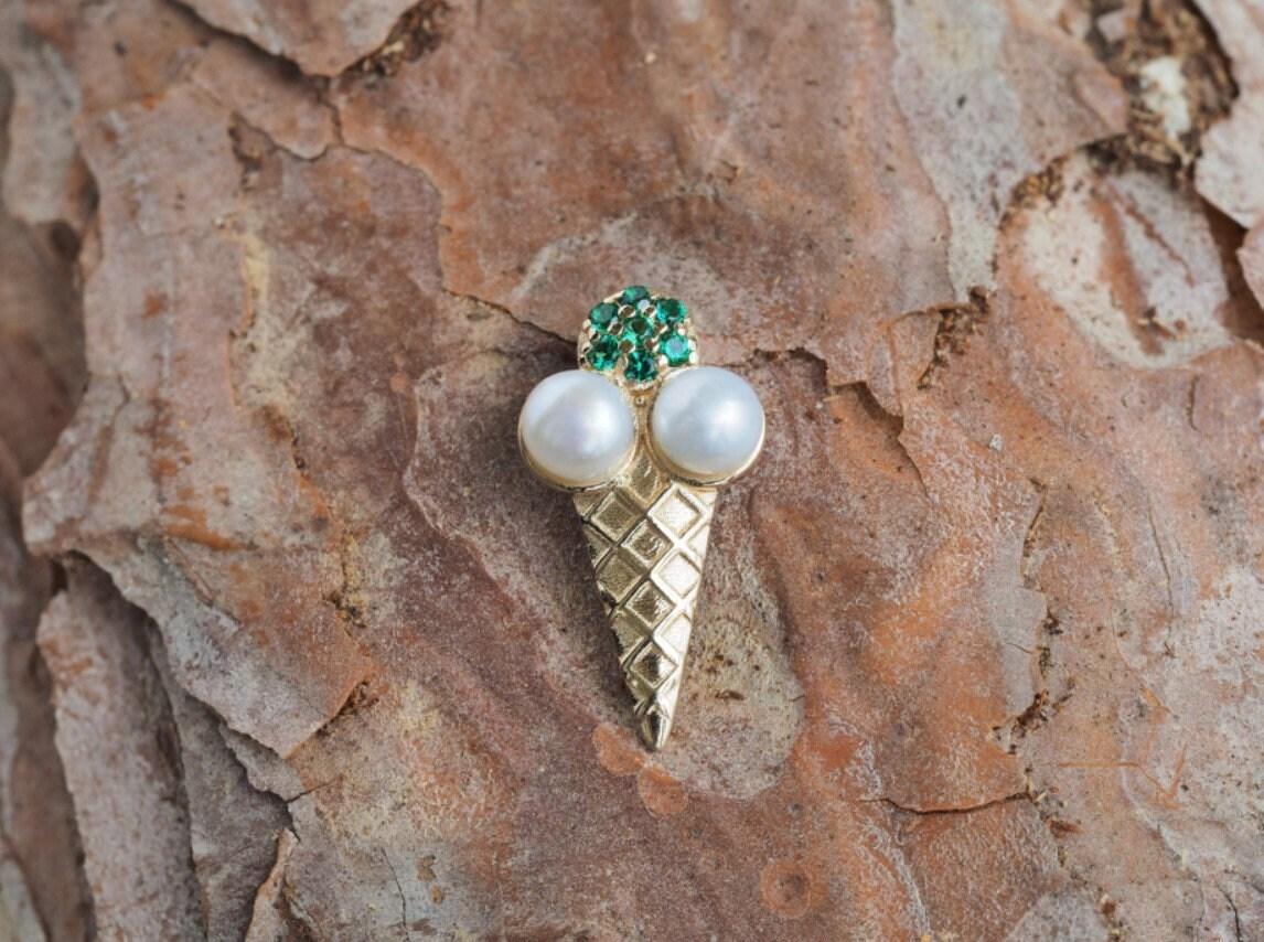 Ice cream 14k gold pendant, food pendant