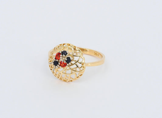 Ladybug ring with colored gemstones in 14k gold
