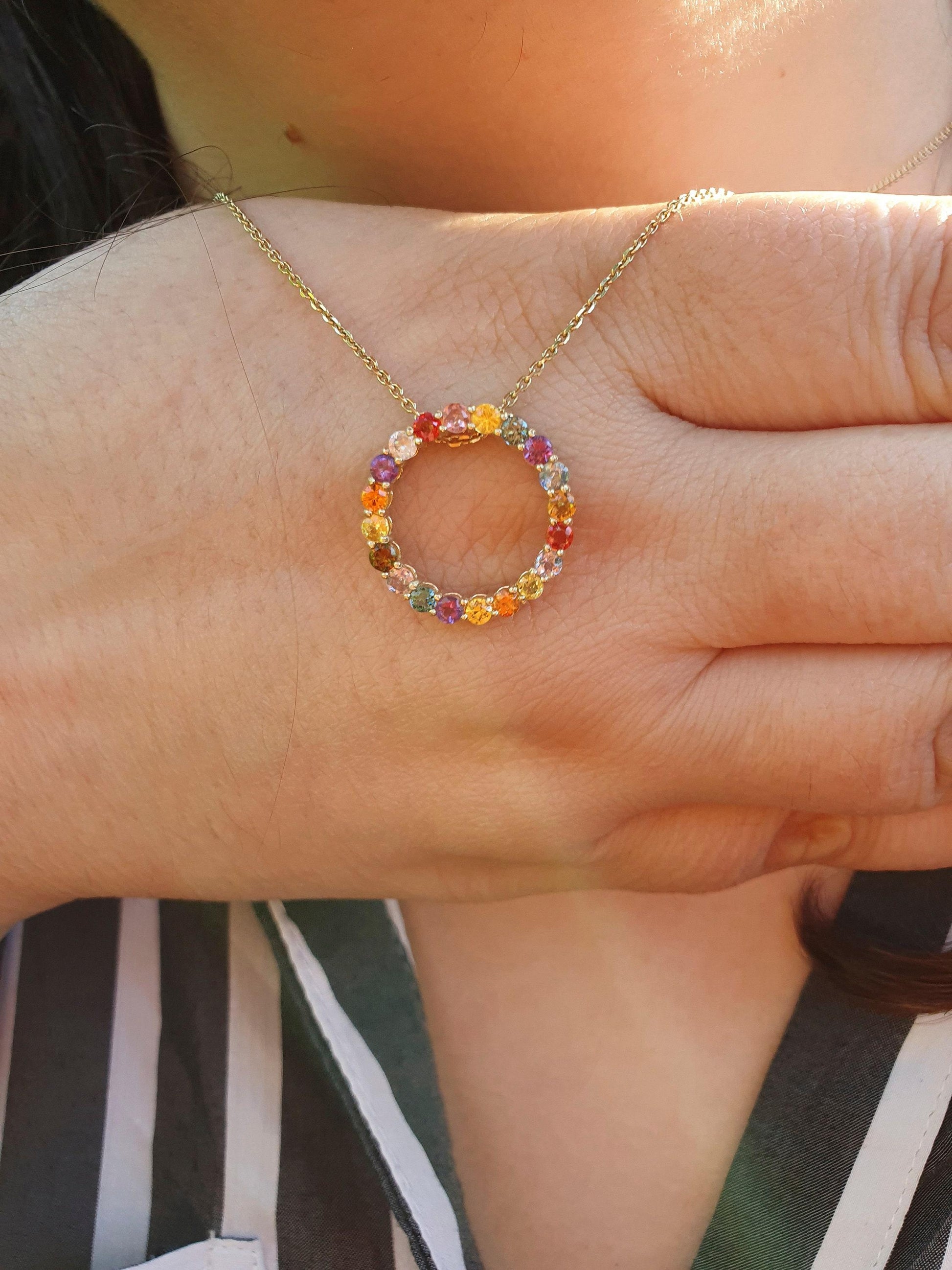 Multicolor gemstones Full Eternity Pendant in 14k gold