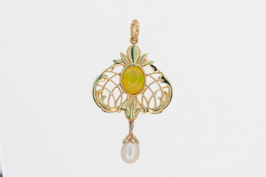 Opal, pearl Vintage style pendant in 14k gold