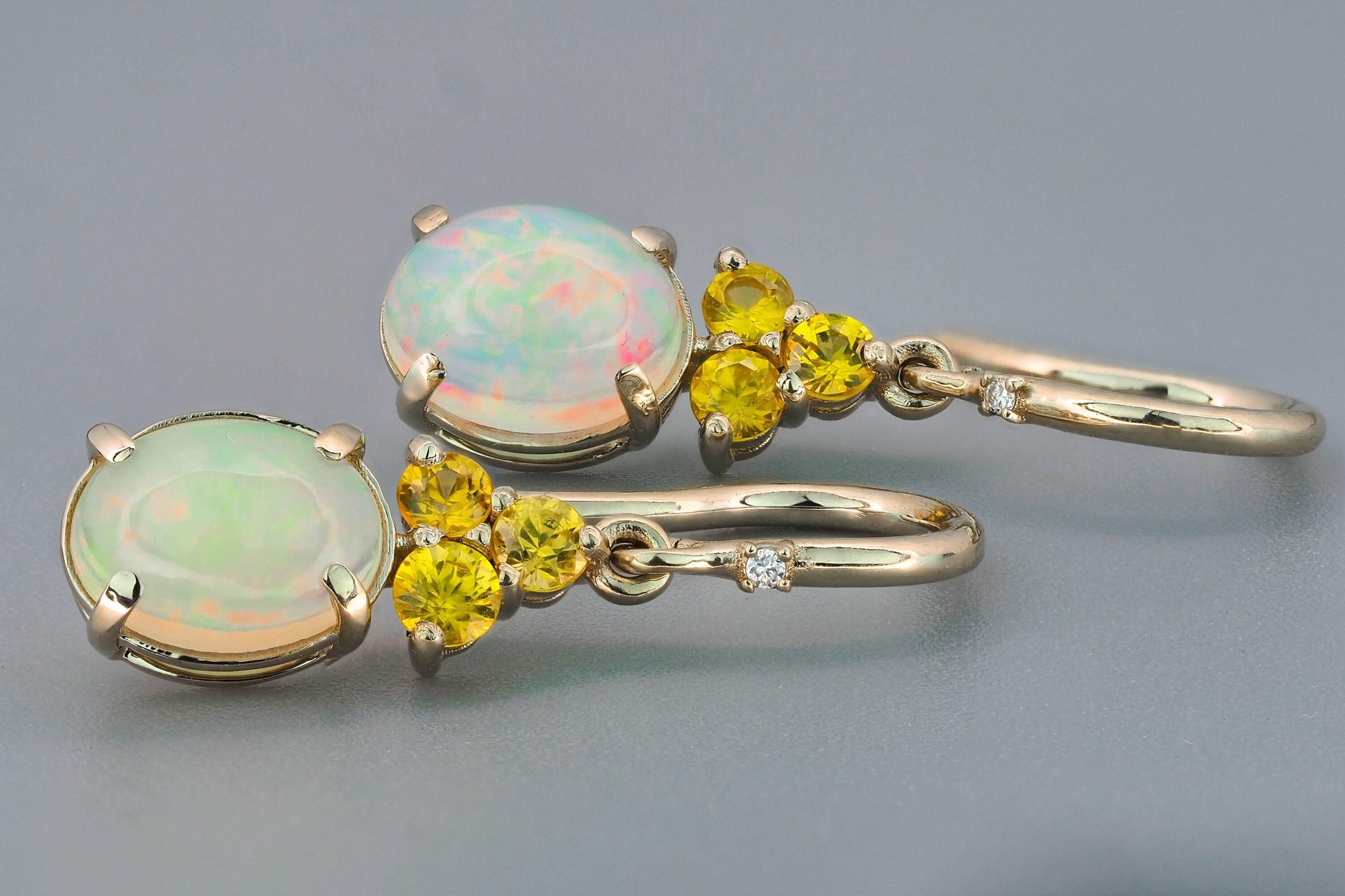Opal, sapphire 14k gold dangle earrings