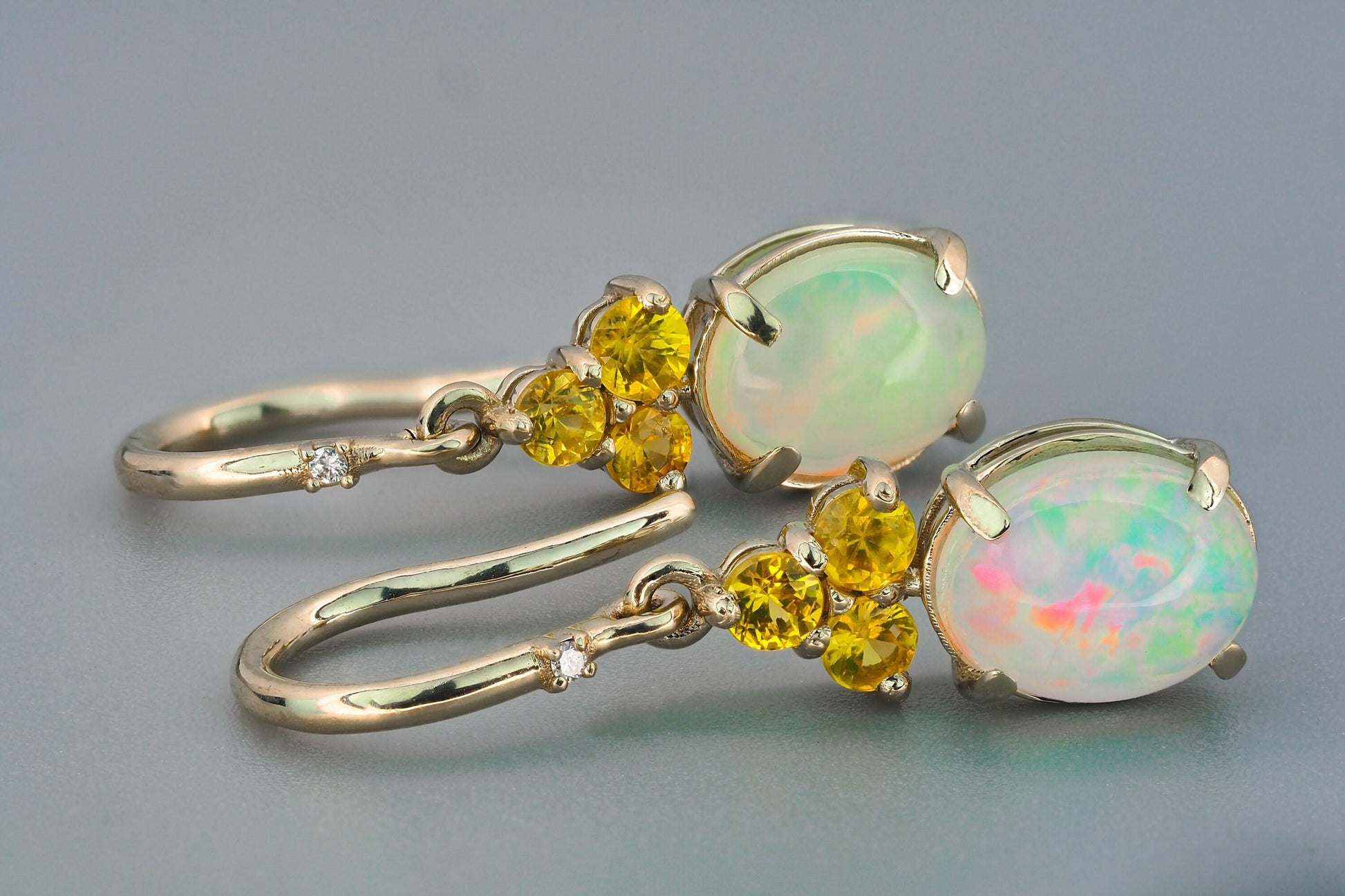 Opal, sapphire 14k gold dangle earrings