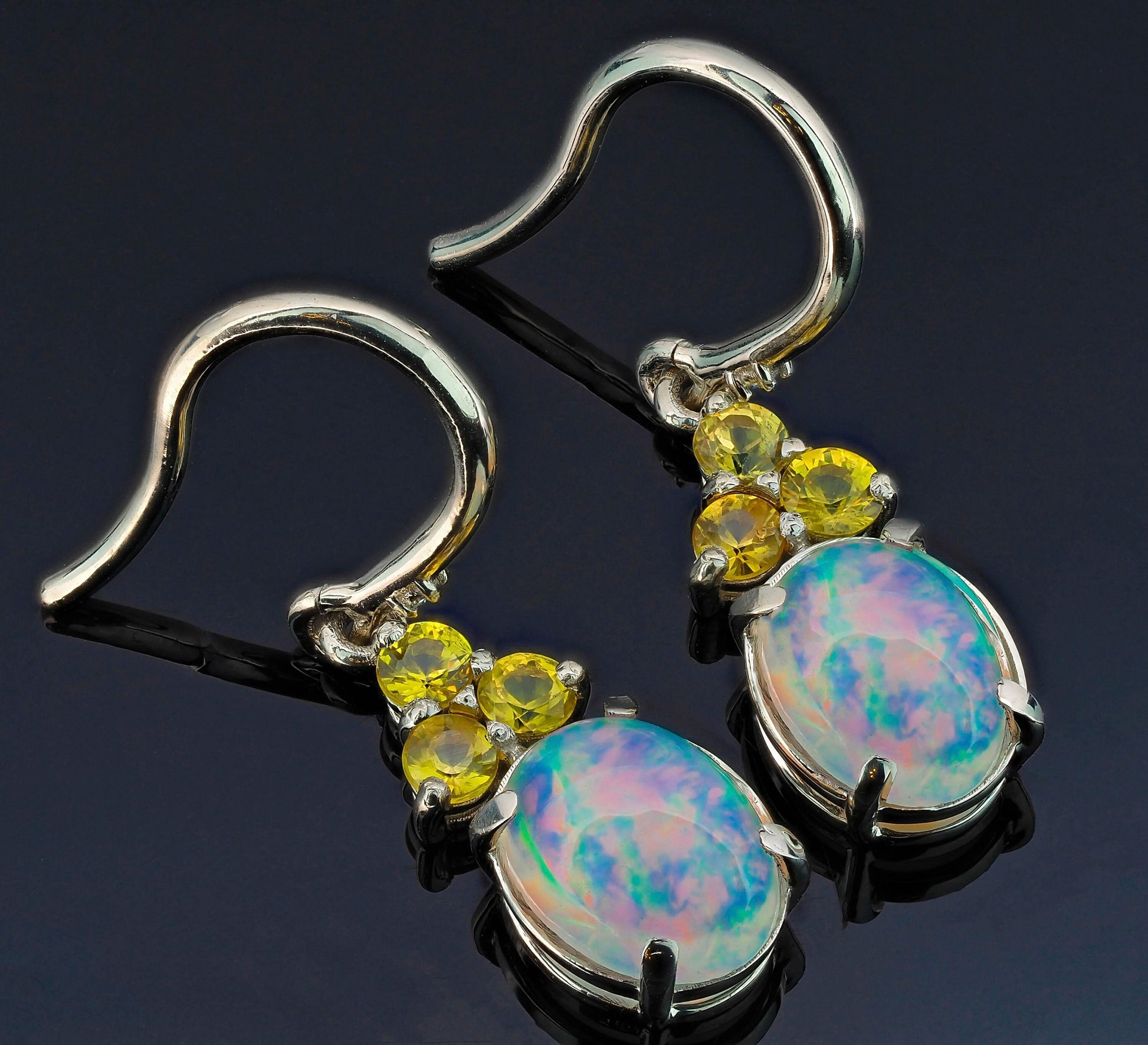 Opal, sapphire 14k gold dangle earrings