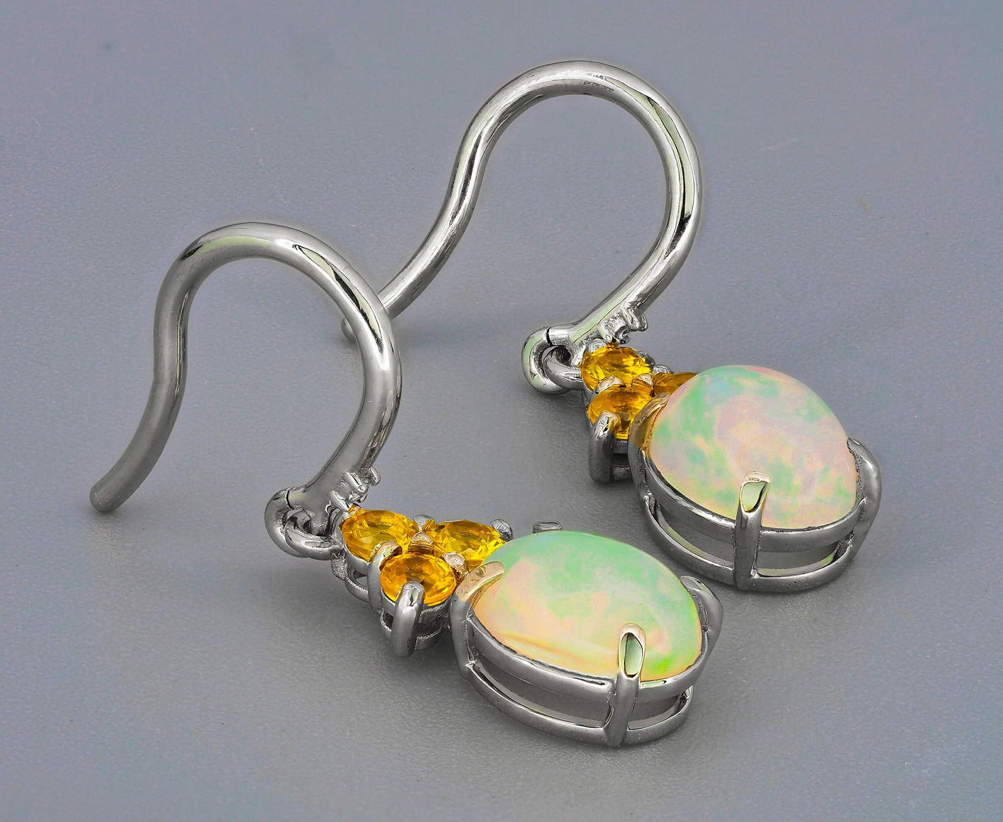 Opal, sapphire 14k gold dangle earrings