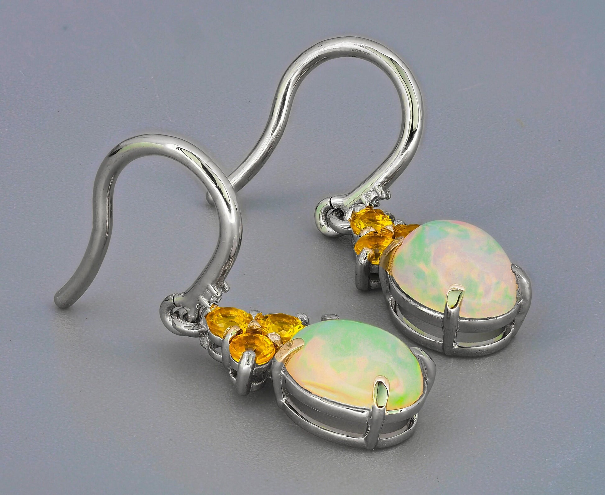 Opal, sapphire 14k gold dangle earrings