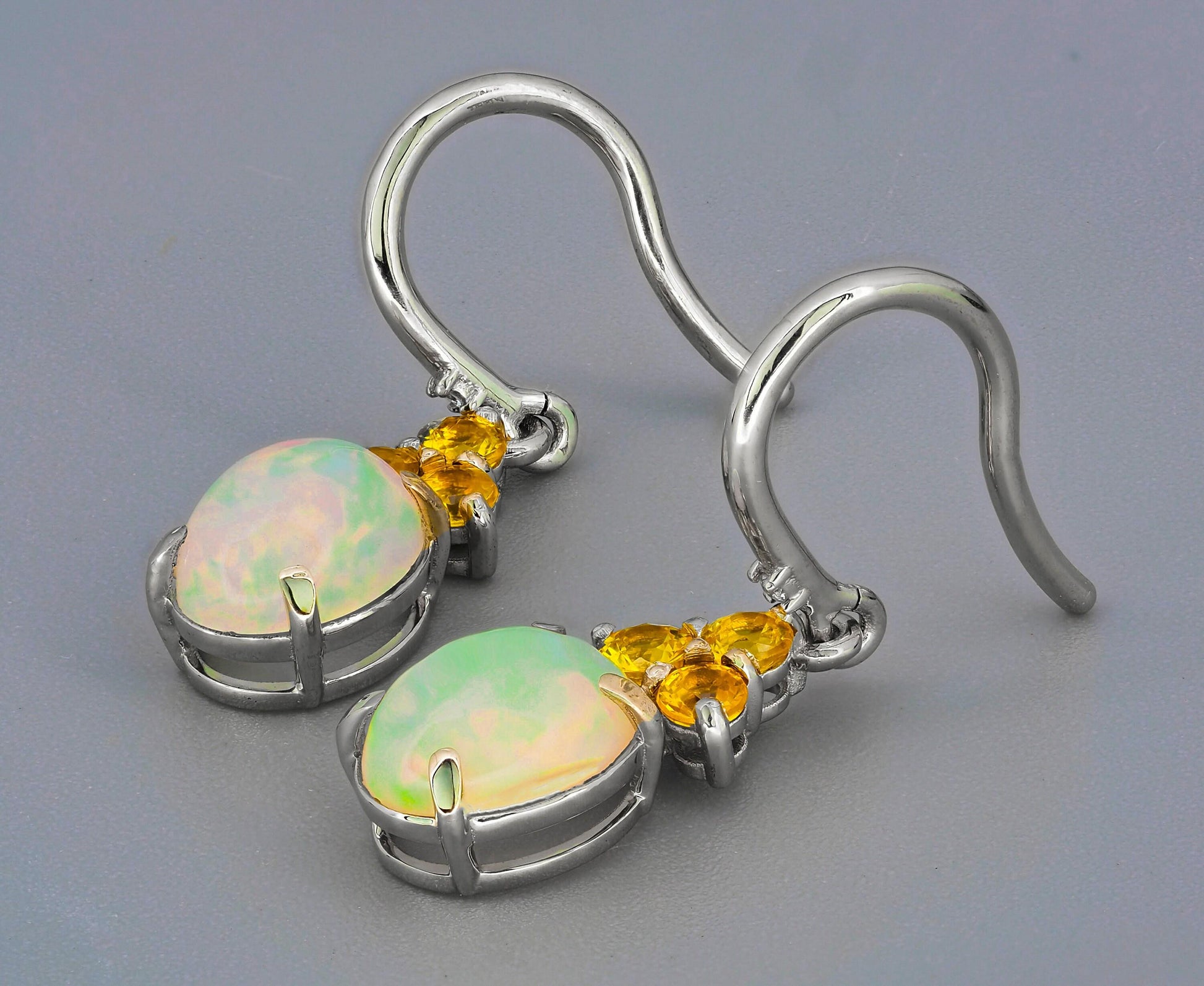 Opal, sapphire 14k gold dangle earrings
