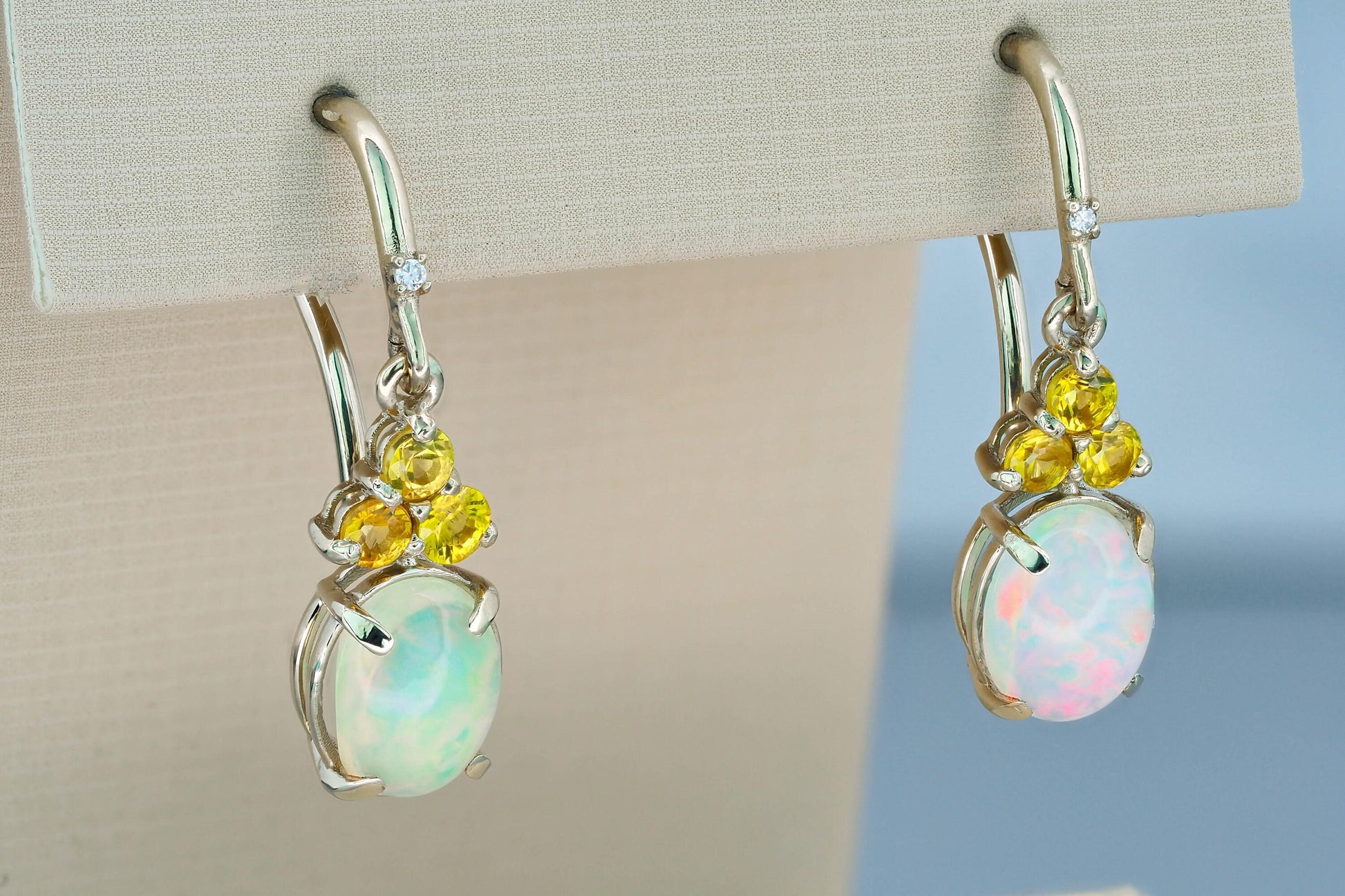 Opal, sapphire 14k gold dangle earrings