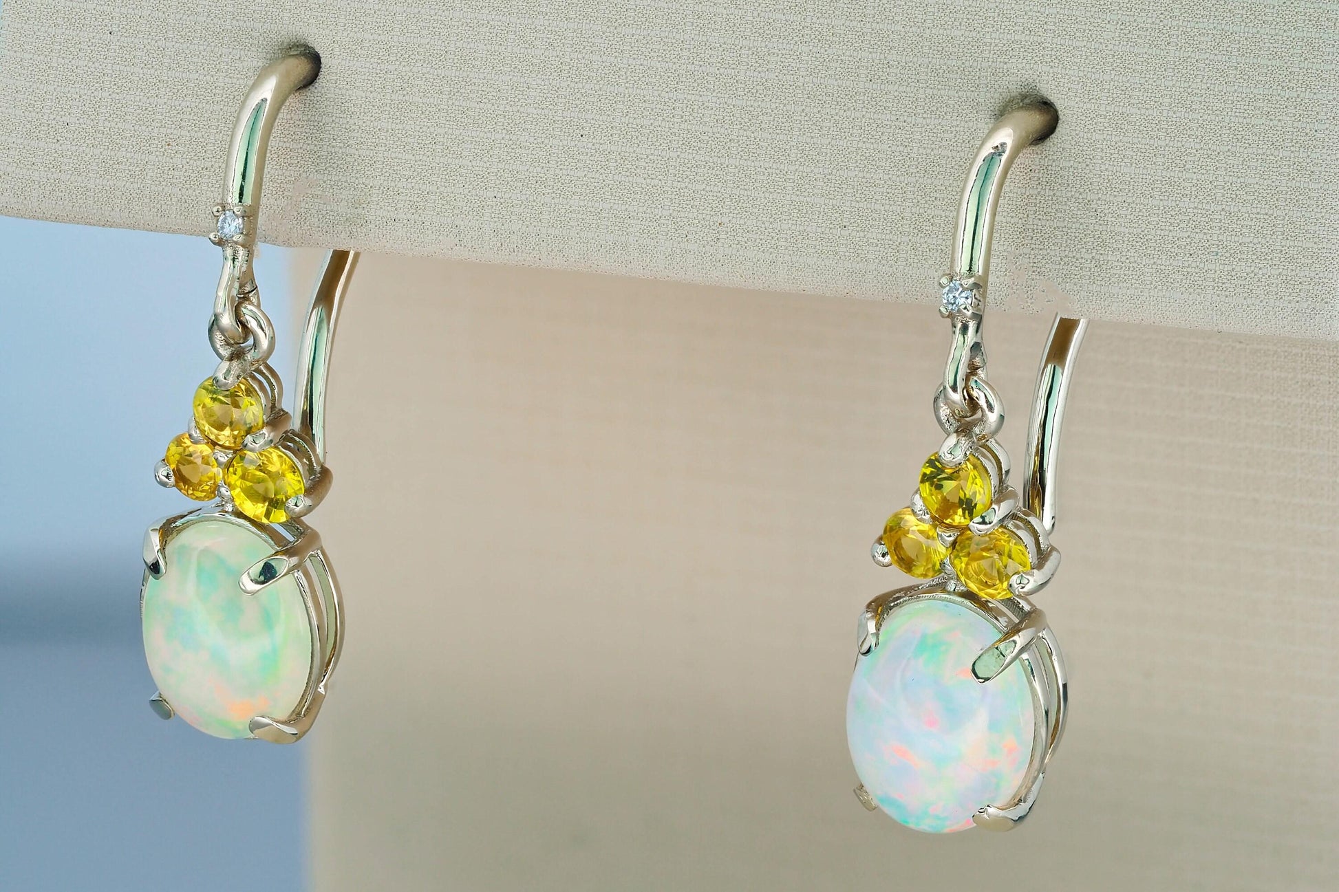 Opal, sapphire 14k gold dangle earrings