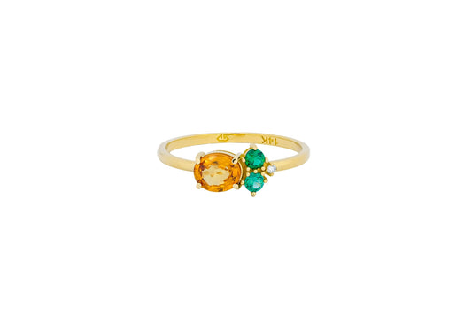 Oval sapphire, tsavorite and diamonds 14k gold ring