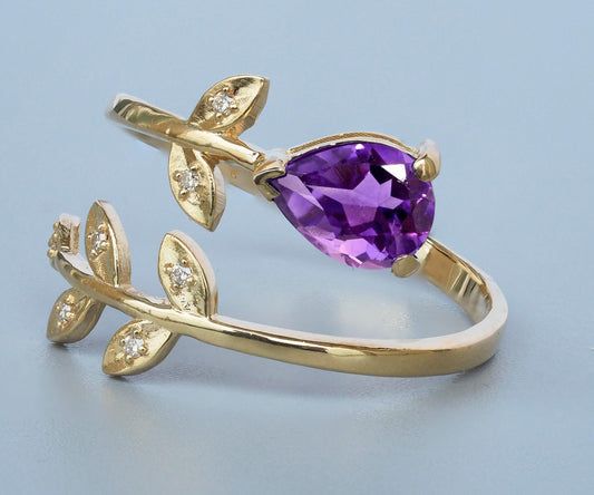 Pear amethyst 14k gold adjustable ring
