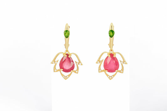 Pear ruby flower 14k gold earrings