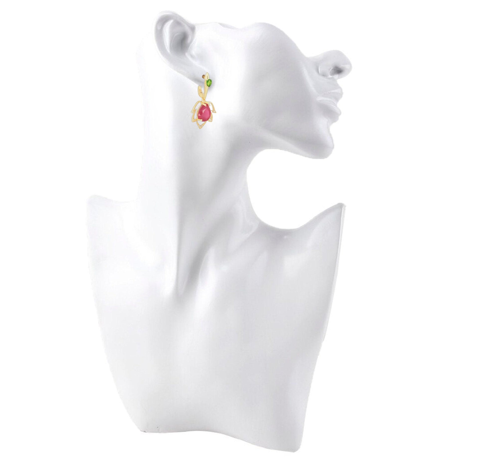 Pear ruby flower 14k gold earrings
