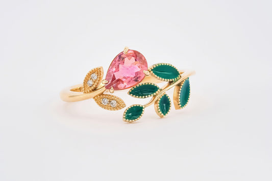 Pink tourmaline, green enamel leaves ring in 14k gold