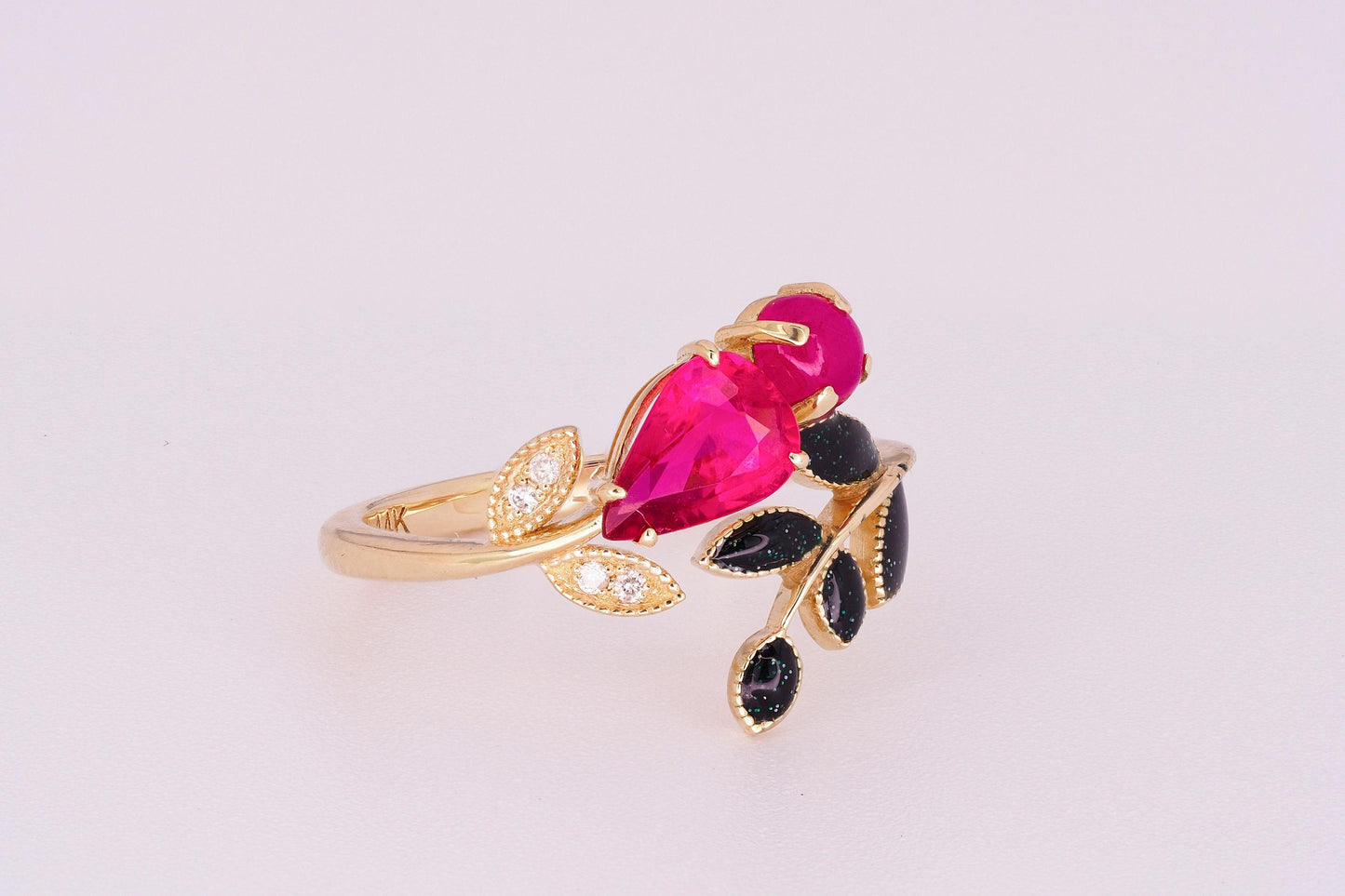 Pear, cabochon ruby 14k gold