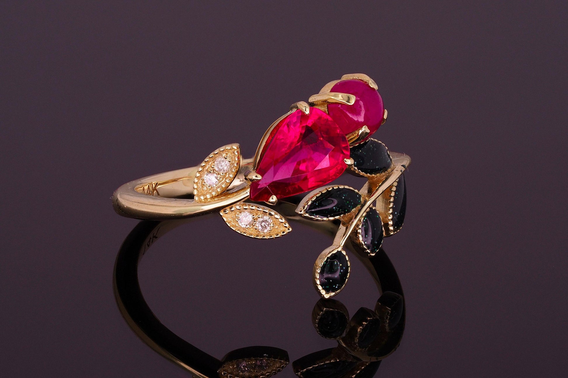 Pear, cabochon ruby 14k gold
