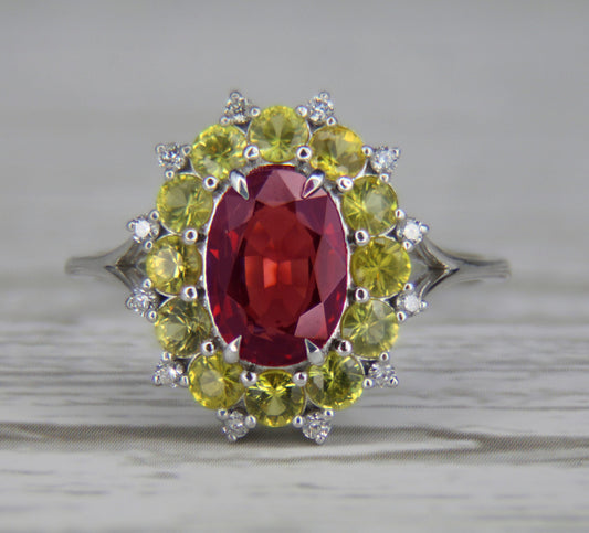 Red garnet, yellow sapphires 14k gold ring