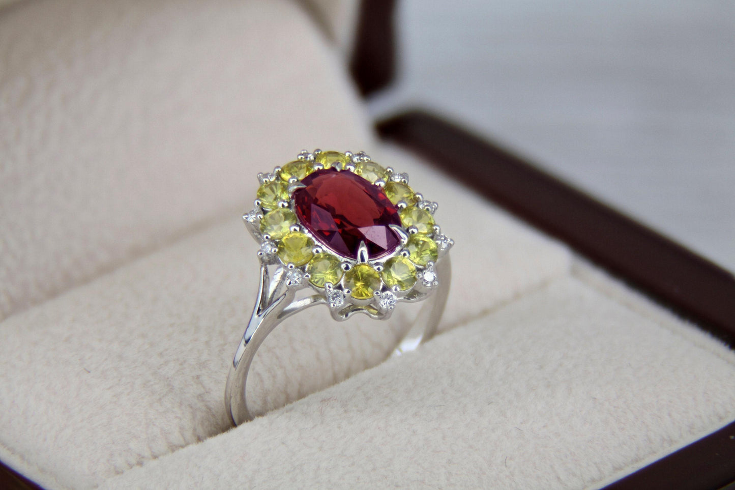 Red garnet, yellow sapphires 14k gold ring
