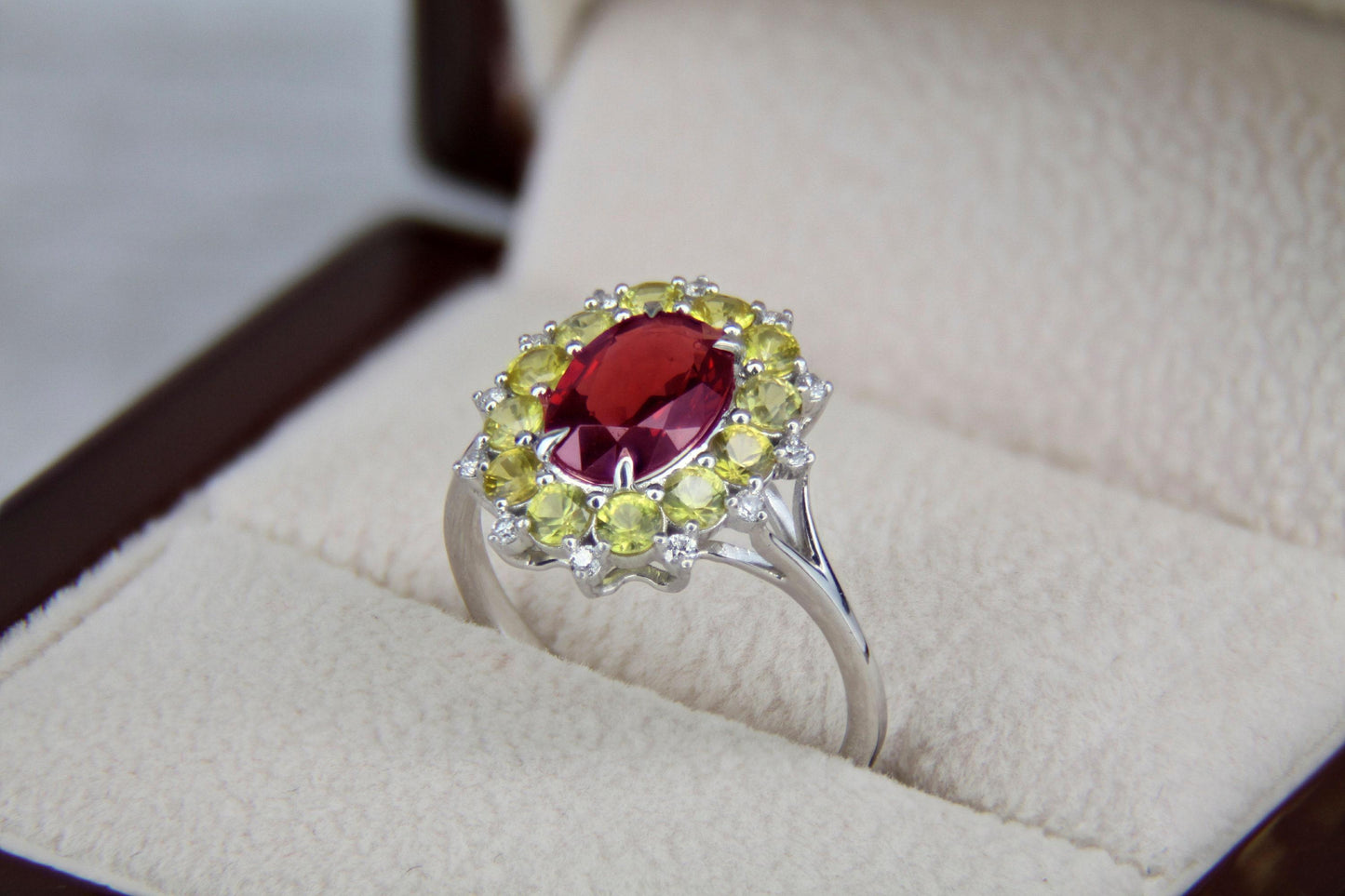 Red garnet, yellow sapphires 14k gold ring