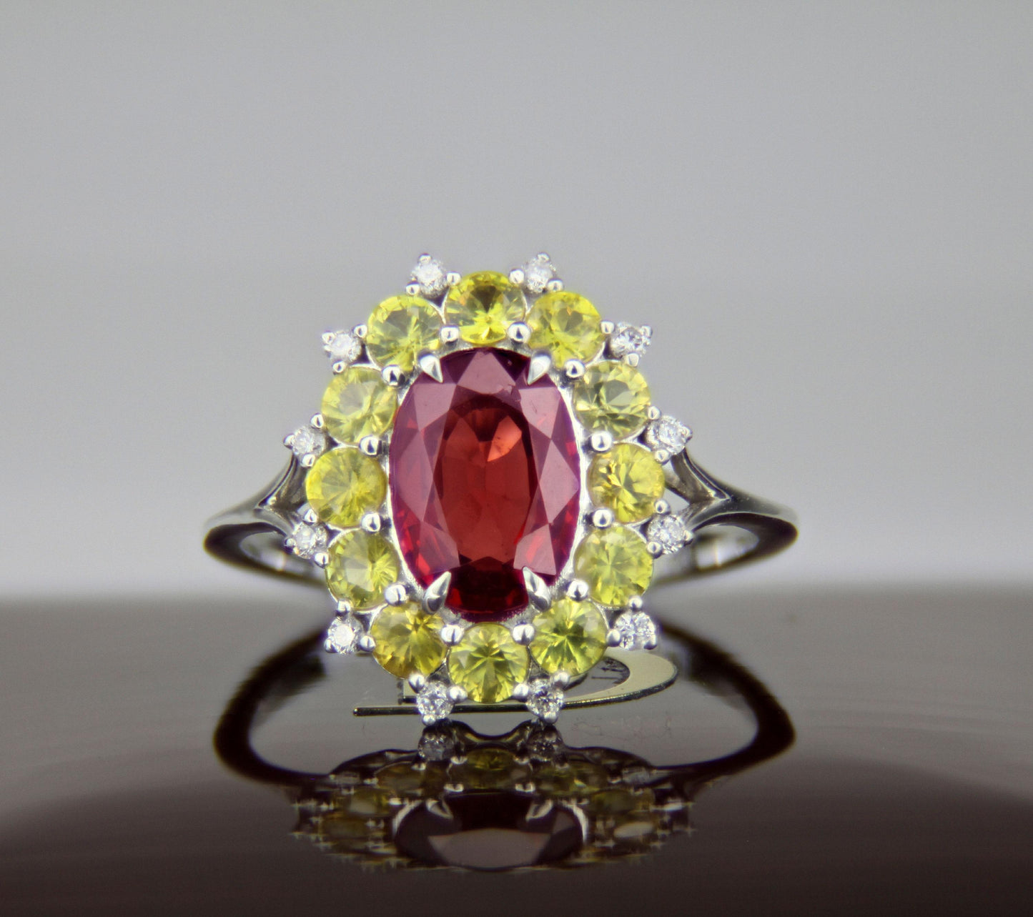 Red garnet, yellow sapphires 14k gold ring