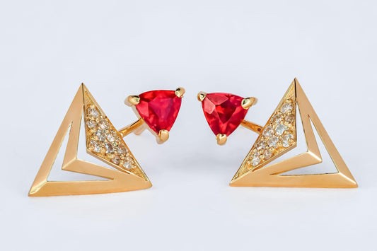 Trillion cut ruby stud earrings in 14k solid gold