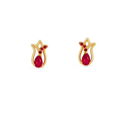 Tulip flower earrings studs with rubies in 14k gold