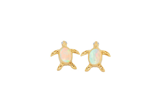 Turtle earrings studs with opals in 14k gold