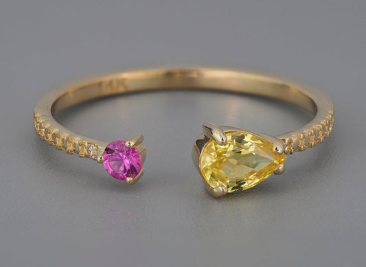 Yellow, pink sapphire 14k gold open ring