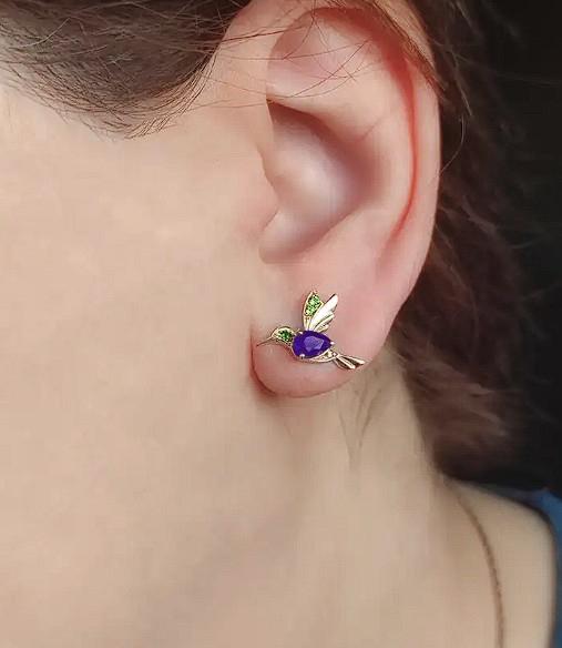 14k Gold Hummingbird Earings Studs with Sapphires