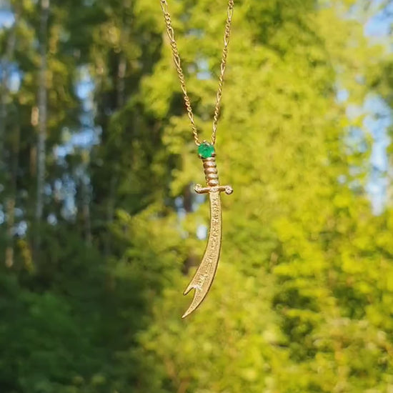 14K Gold Zulfikar sword pendant with emerald, diamonds