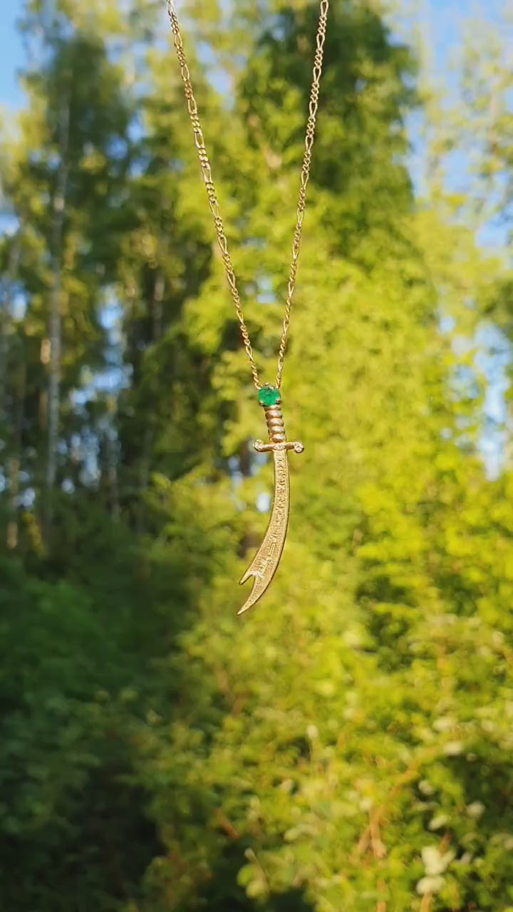 14K Gold Zulfikar sword pendant with emerald, diamonds