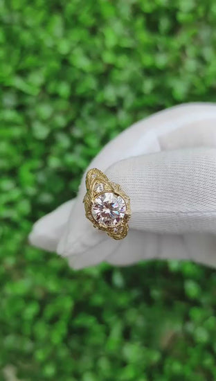 Vintage 1.5 ct Round Moissanite Engagement 14k Gold Ring