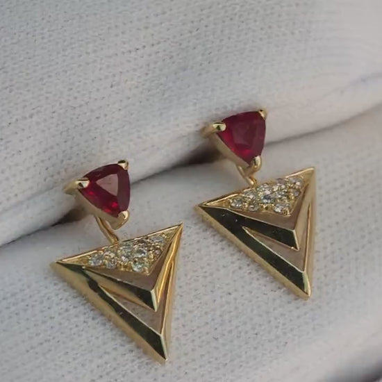 Trillion cut ruby stud earrings in 14k solid gold