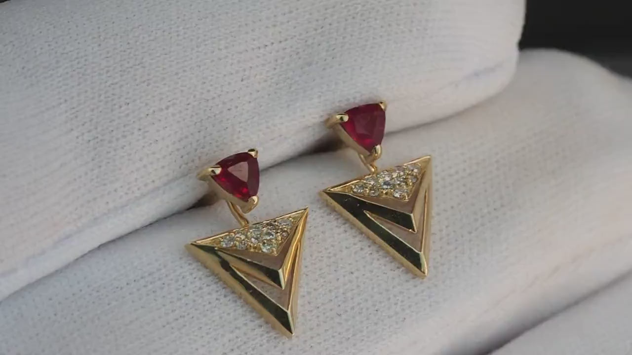 Trillion cut ruby stud earrings in 14k solid gold