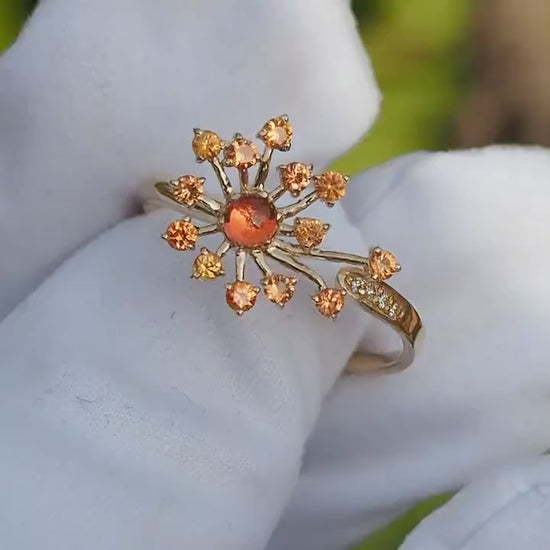 Dandelion flower ring with sapphires, garnet, diamonds in 14k gold