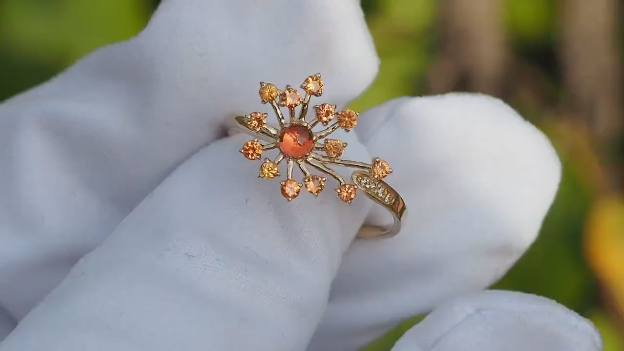 Dandelion flower ring with sapphires, garnet, diamonds in 14k gold