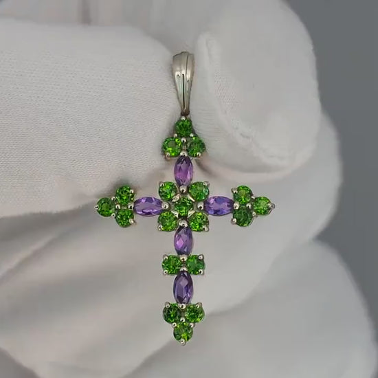 Amethysts, tsavorites 14k gold cross pendant