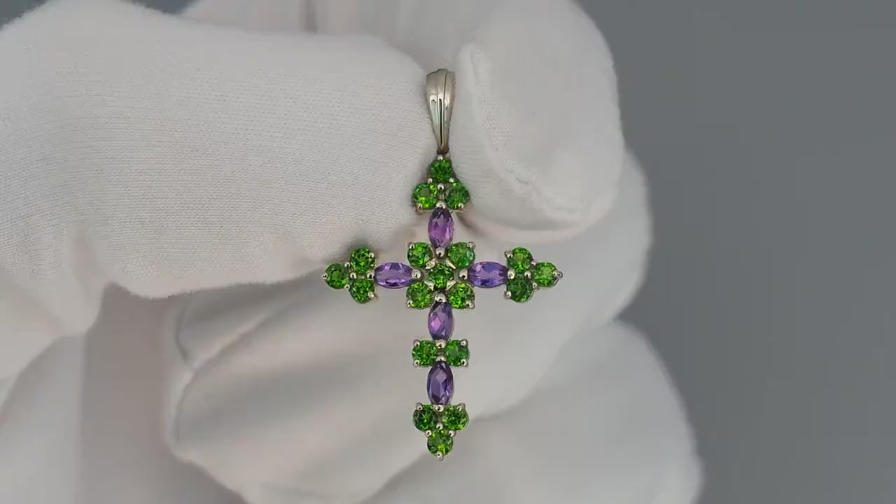 Amethysts, tsavorites 14k gold cross pendant