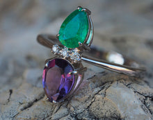 Load image into Gallery viewer, Emerald and Amethyst Ring. Pear Emerald Ring. Pear Amethyst ring. Emerald Art-deco ring. Vintage gemstone ring. Cocktail ring. Gift for her