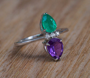 Emerald and Amethyst Ring. Pear Emerald Ring. Pear Amethyst ring. Emerald Art-deco ring. Vintage gemstone ring. Cocktail ring. Gift for her