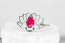 Load image into Gallery viewer, 14k gold ruby ring. Ruby lotus ring. July bithstone ring. Gold flower ring. Pear ruby ring. Genuine ruby ring. Ruby promise ring.