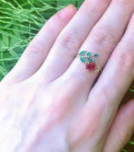 Load image into Gallery viewer, Ruby ring. Enamel ring. Flower Ring. Twig ring. Berry ring. Leaves ring. Plant nature jewelry. Botanical engagement ring. Open Ended Ring.