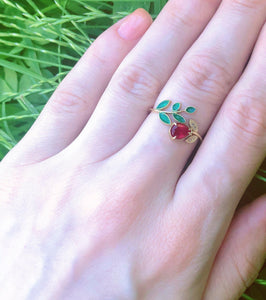 Ruby ring. Enamel ring. Flower Ring. Twig ring. Berry ring. Leaves ring. Plant nature jewelry. Botanical engagement ring. Open Ended Ring.