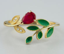 Load image into Gallery viewer, 14k gold ruby ring. Pear Ruby ring. Floral ring. Enamel ring. Flower Ring. Gold twig ring. Leaves ring. Red gemstone ring. Vintage ruby ring