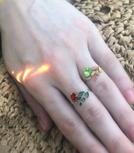 Load image into Gallery viewer, 14k gold ruby ring. Pear Ruby ring. Floral ring. Enamel ring. Flower Ring. Gold twig ring. Leaves ring. Red gemstone ring. Vintage ruby ring