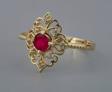 Load image into Gallery viewer, Solid gold Ruby ring. Natural ruby ring. Vintage ruby ring. Red gemstone ring. Round ruby ring. July birthstone ring.