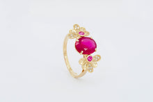 Load image into Gallery viewer, 14k gold oval Ruby ring. Statement rings. Rings for women. Flower ring. Alternative gemstone engagement ring. July birthstone ring.
