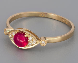 14k gold ring with ruby. Cabochon ruby ring. Natural ruby ring. Red gemstone ring. Amulette ring. Ruby promise ring. Evil eye ring